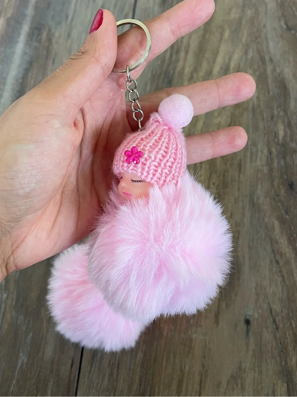 Pink Baby Doll Pom-Pom Keychain - Cute Plush Accessory